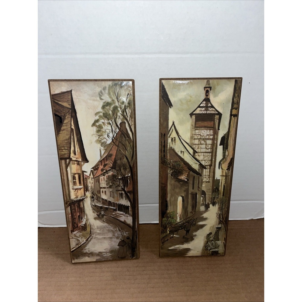 Lot 2 Vintage Decor Mid Century Alex Yaworski A.W.S Wall Painted Print Plaques‎